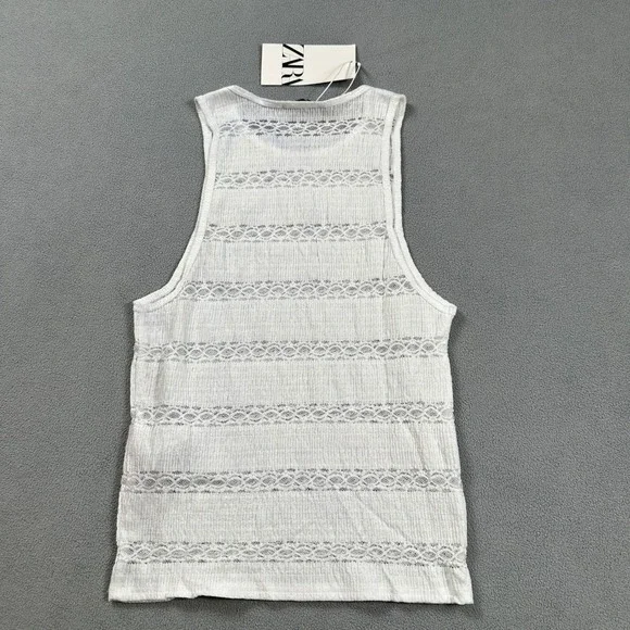 ZARA Woman Tank Top Knit Top Sleeveless M White Crochet Lace Trim Textured NWT - Picture 4 of 6